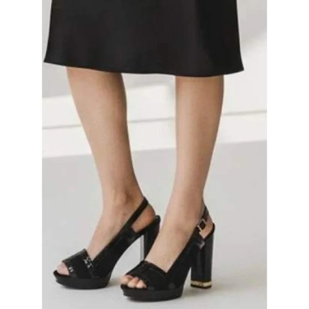 Tory Burch Black Patent Suede Platform Slingback Block Heels Gold‎ Trim Size 11M